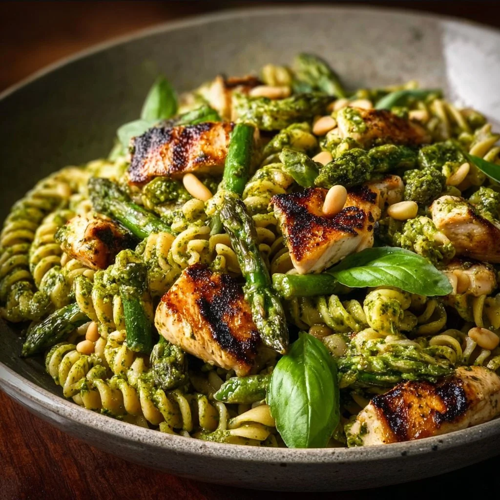 Grilled Chicken Asparagus Pesto Pasta 14 Grilled chicken pasta with asparagus and pesto in a bowl