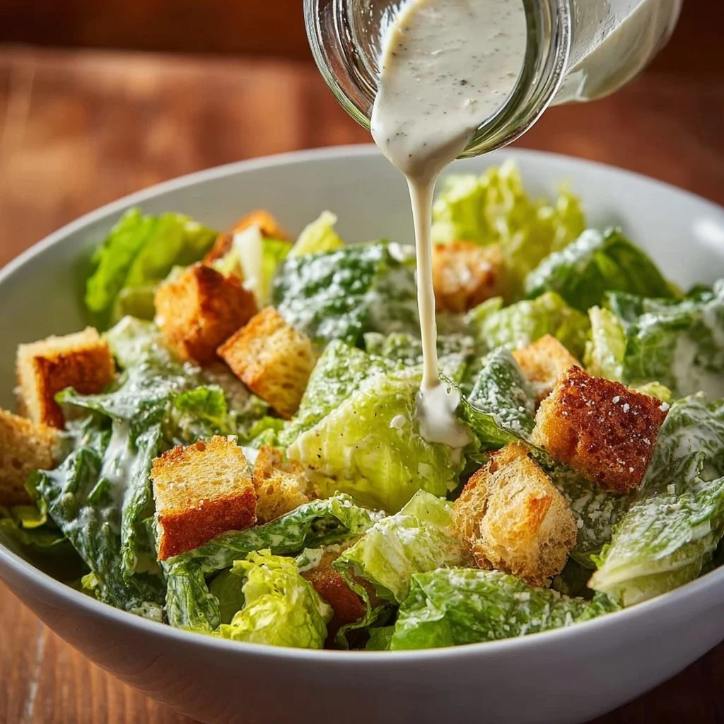 Delicious homemade Caesar dressing recipe ingredients and final presentation.