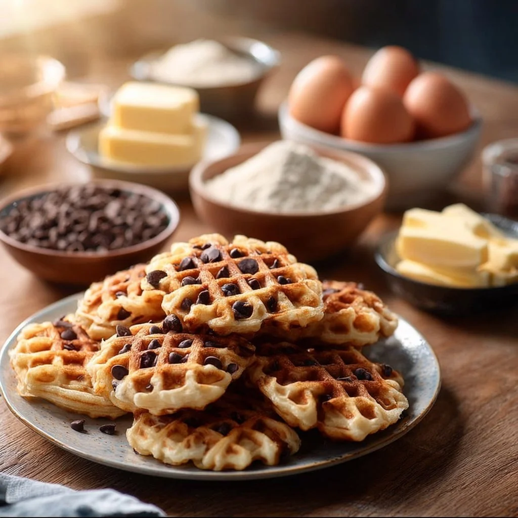 Irresistible chocolate chip waffle cookies on a plate, ready to enjoy.