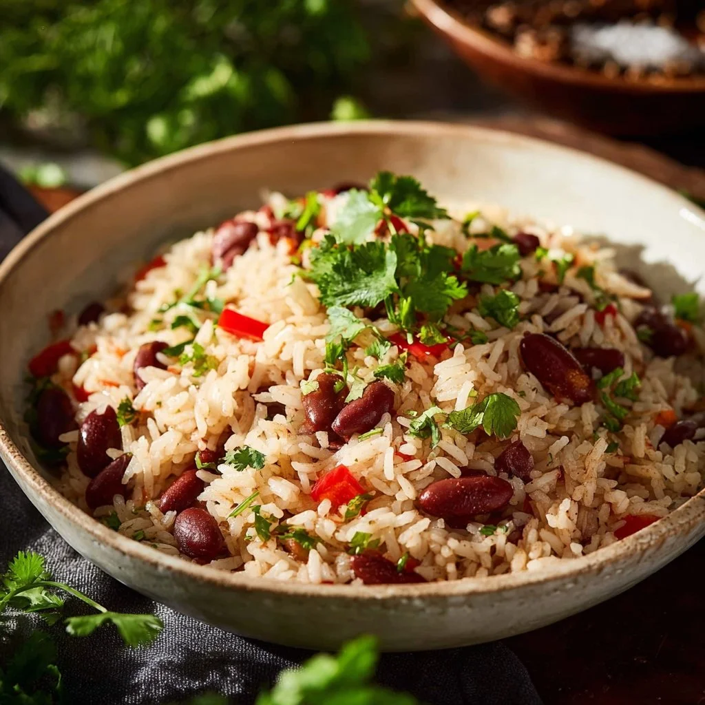 Delicious Jamaican Rice and Peas served in a bowl with fresh herbs