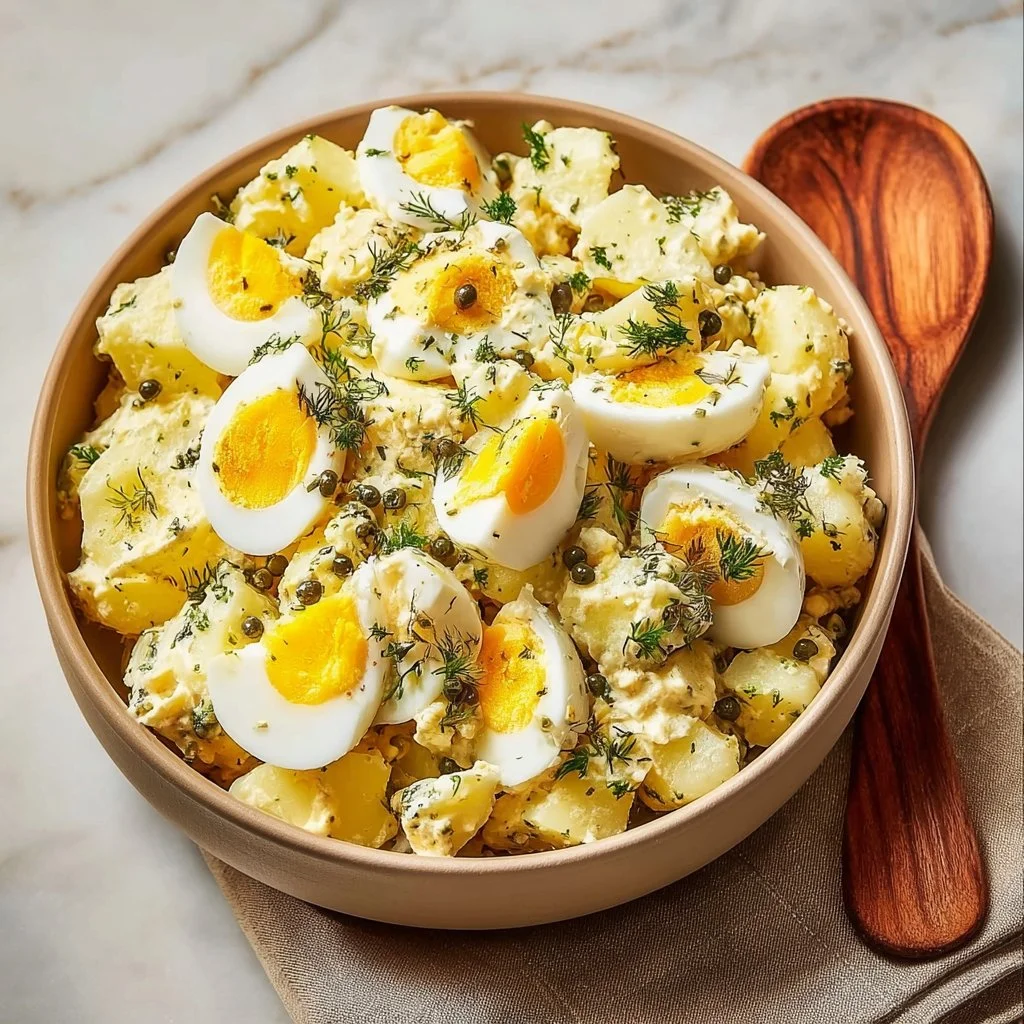 Lemon Caper Egg Salad served in a bowl, garnished with fresh herbs.