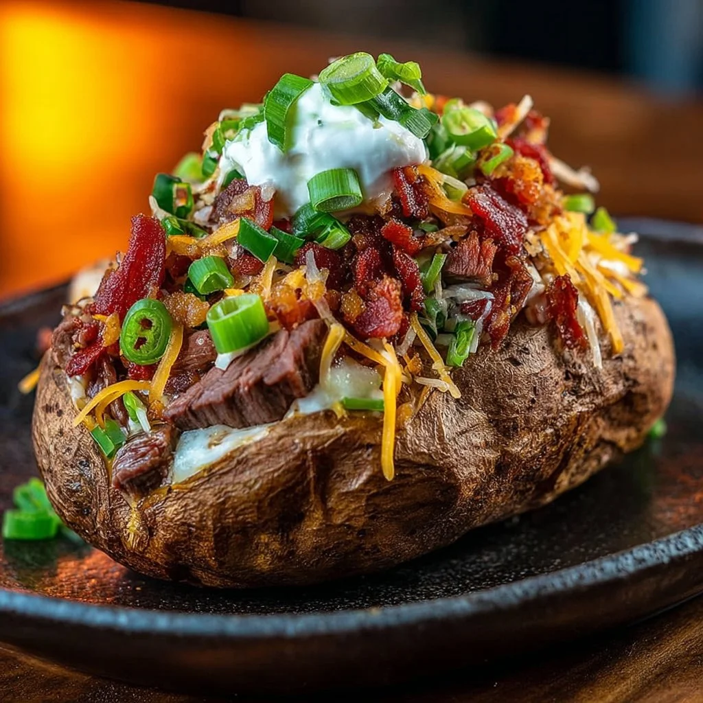 Loaded baked potato topped with steak and garnished with herbs