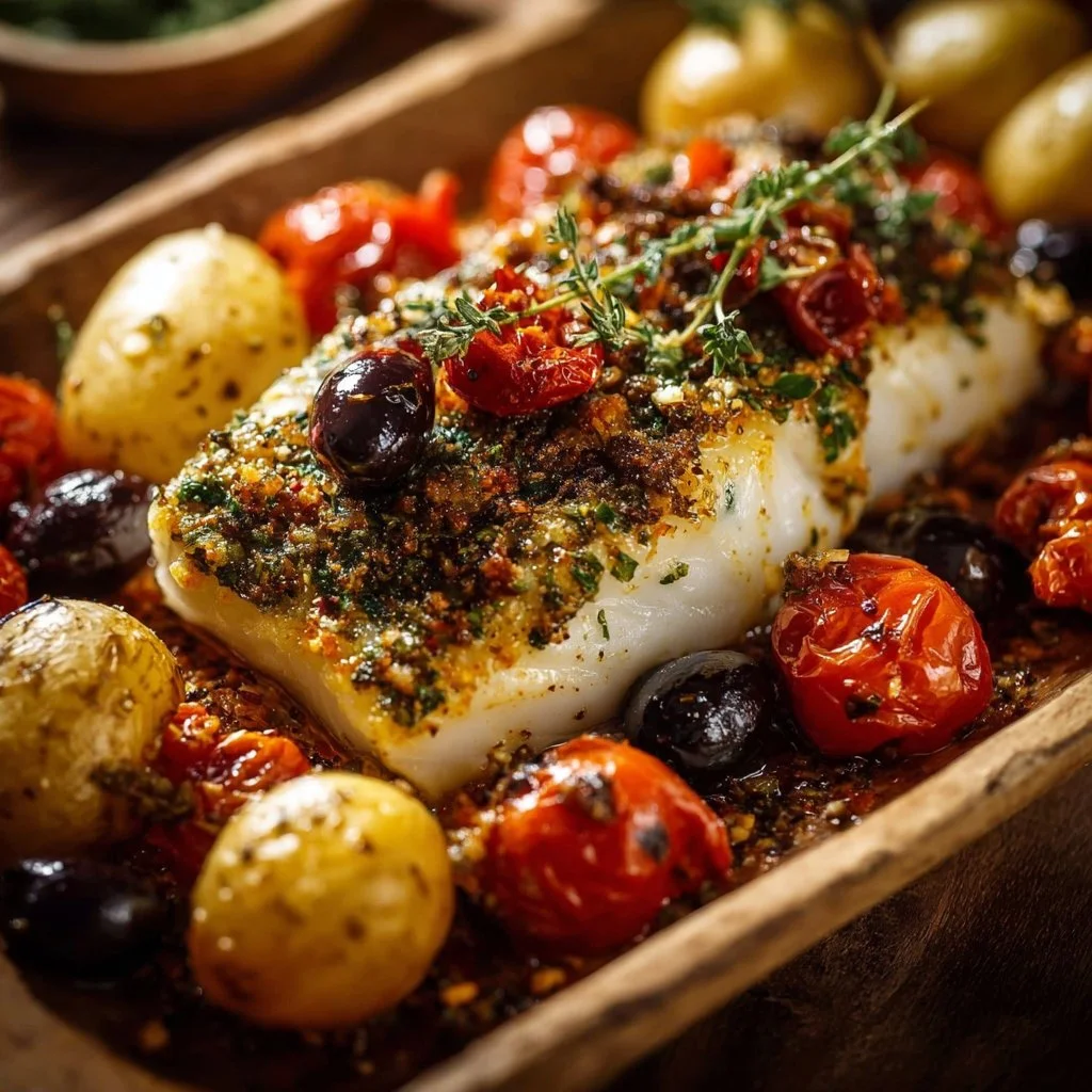Mediterranean baked fish served with herbs and vegetables