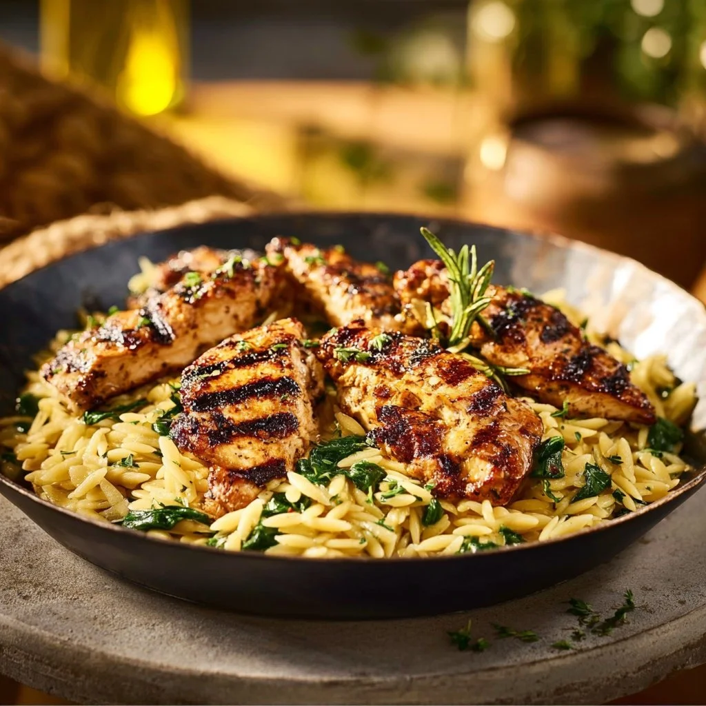 Mediterranean Chicken Orzo with fresh herbs and vegetables served in a bowl