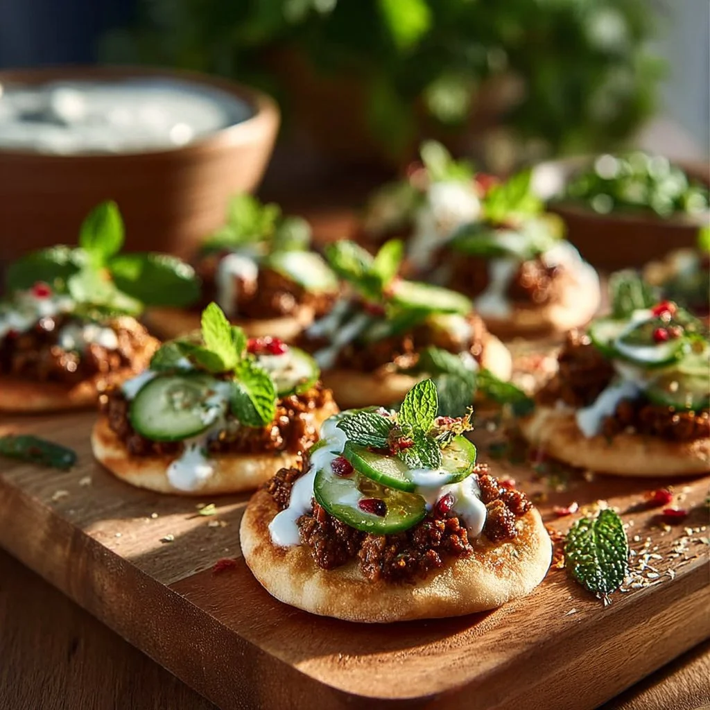 Mediterranean mini lahmacun bites topped with yogurt drizzle on a plate