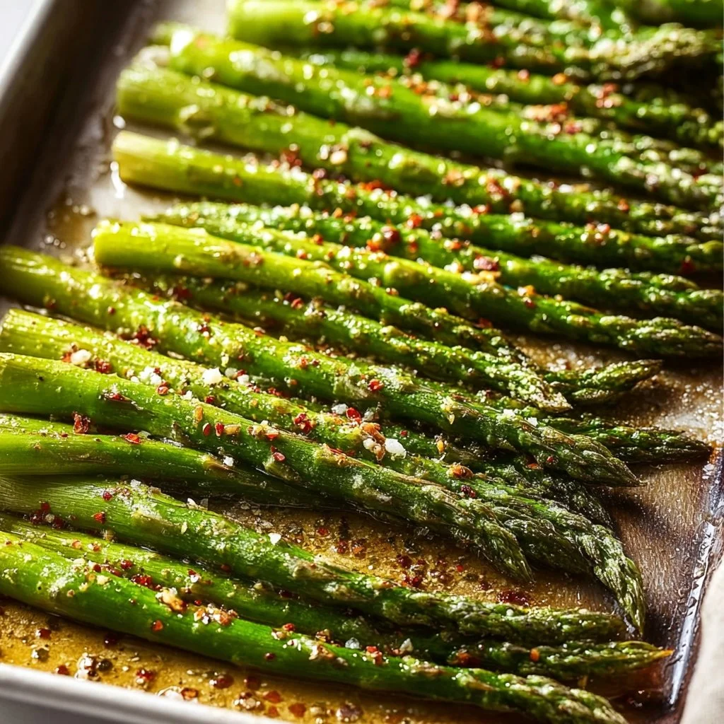 Delicious oven roasted asparagus served on a plate with lemon
