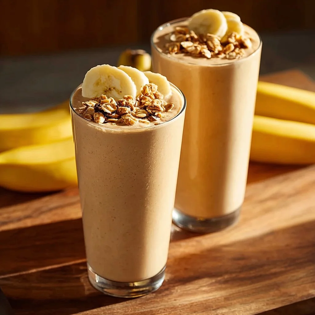 Delicious Peanut Butter Banana Smoothie in a glass with a banana and peanut butter