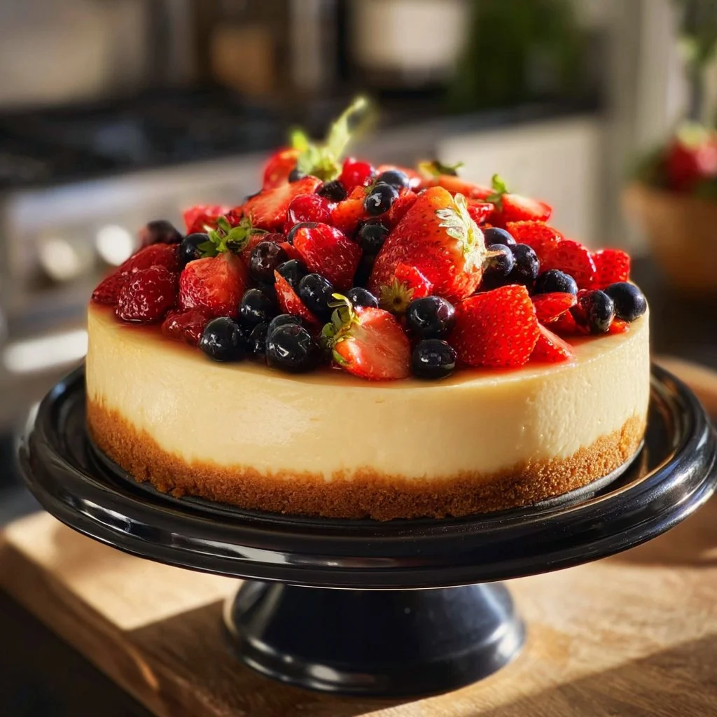 Deliciously creamy Instant Pot New York Cheesecake topped with berries