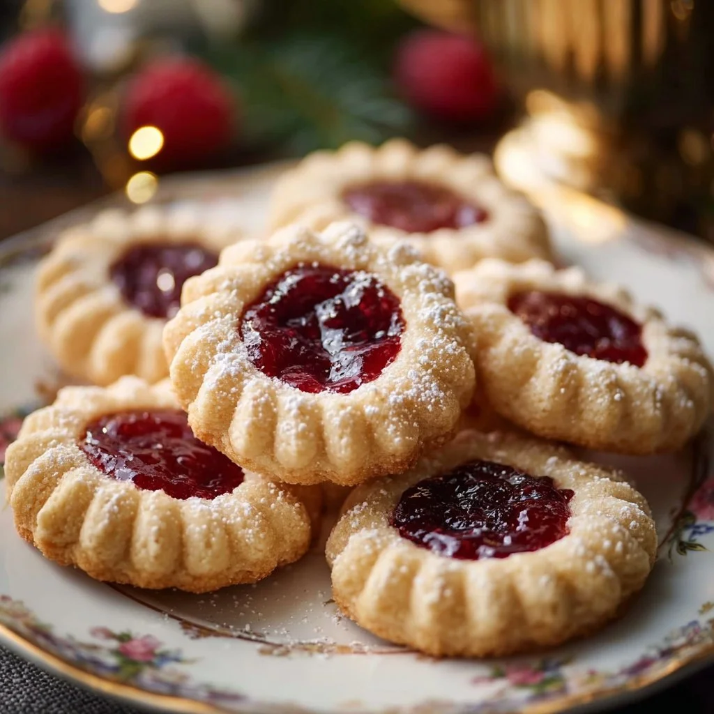 Homemade Raspberry Jam Drops cookies with vibrant raspberry filling.