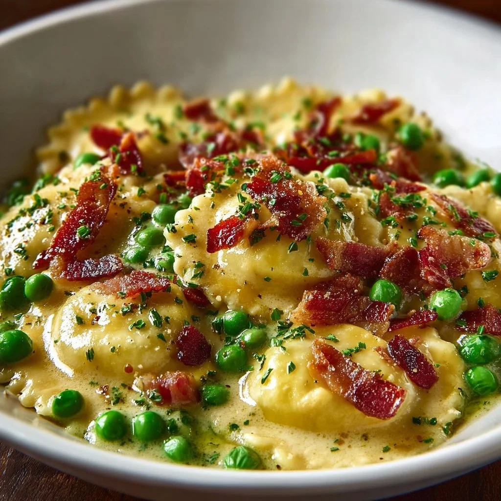 Ravioli Carbonara Crunch 16 A plate of Ravioli Carbonara Crunch, showcasing creamy sauce and crispy pancetta.