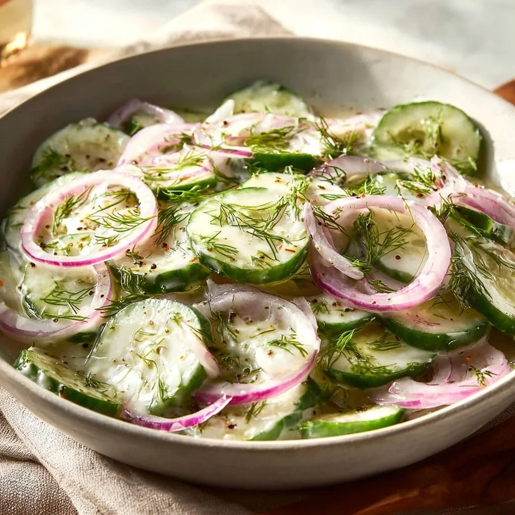 Refreshing Creamy Cucumber Salad Recipe for Warm Days 10 Creamy cucumber salad served in a bowl, garnished with herbs for a refreshing taste.