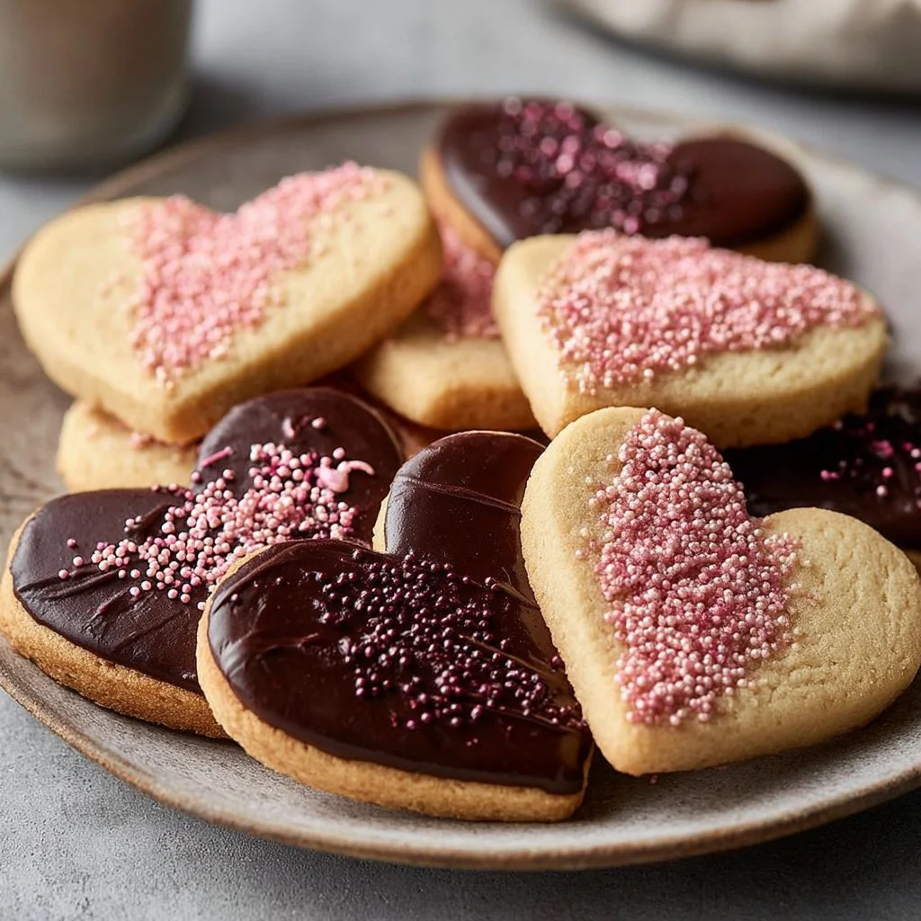 Romantic chocolate-dipped shortbread hearts decorated for special occasions