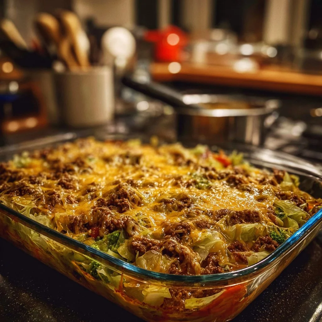 Savory Cabbage Beef Bake 1 Savory Cabbage Beef Bake with tender beef and fresh cabbage layers