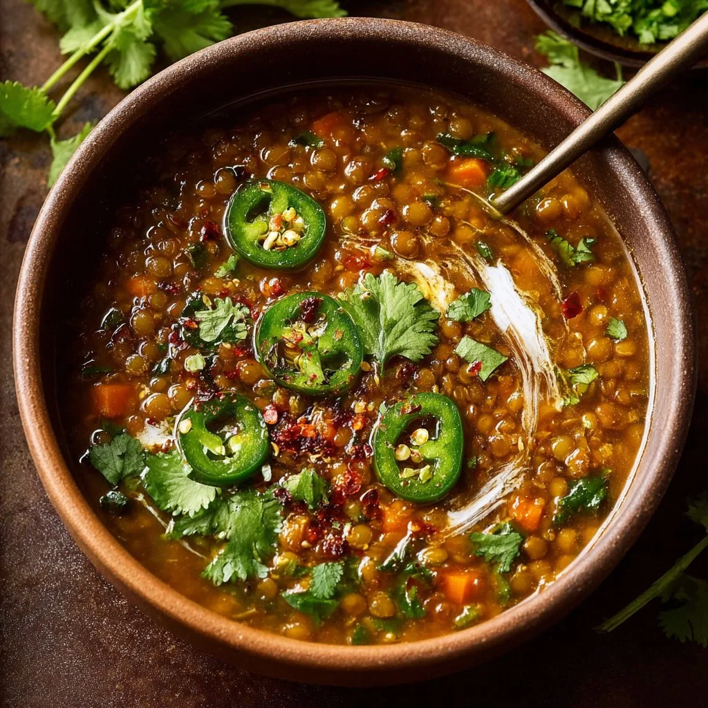 Bowl of savory Moroccan Lentil Soup garnished with herbs and spices