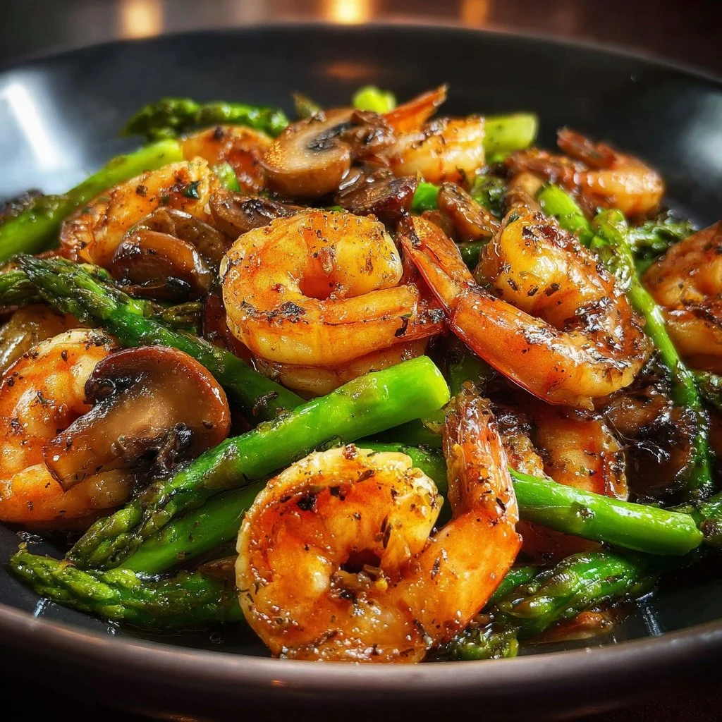 Shrimp and asparagus stir-fry with mushrooms served on a plate