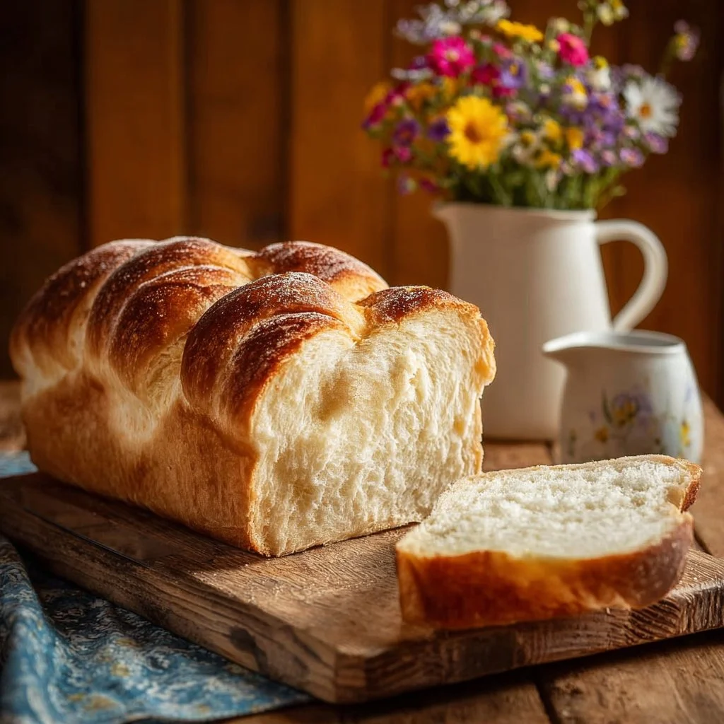 Soft & Fluffy Amish Milk Bread 3 Freshly baked soft and fluffy Amish milk bread loaf on a wooden table
