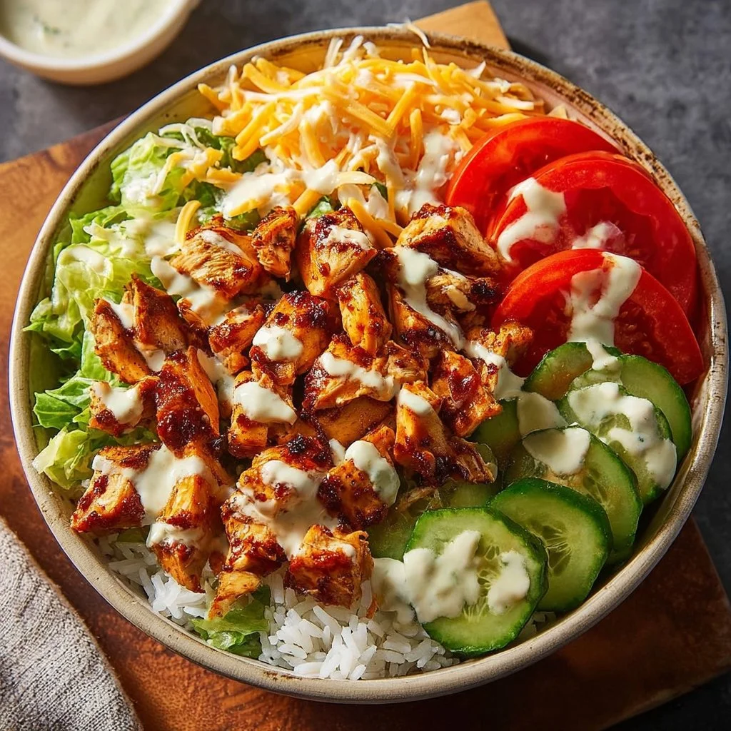 Delicious spicy Buffalo Chicken Bowl topped with fresh ingredients.