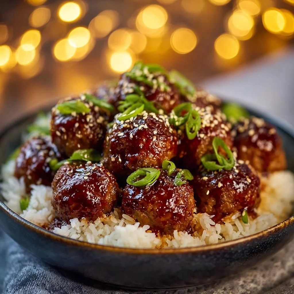 Sticky & Juicy Teriyaki Chicken Meatballs 1 Delicious sticky and juicy teriyaki chicken meatballs on a serving plate