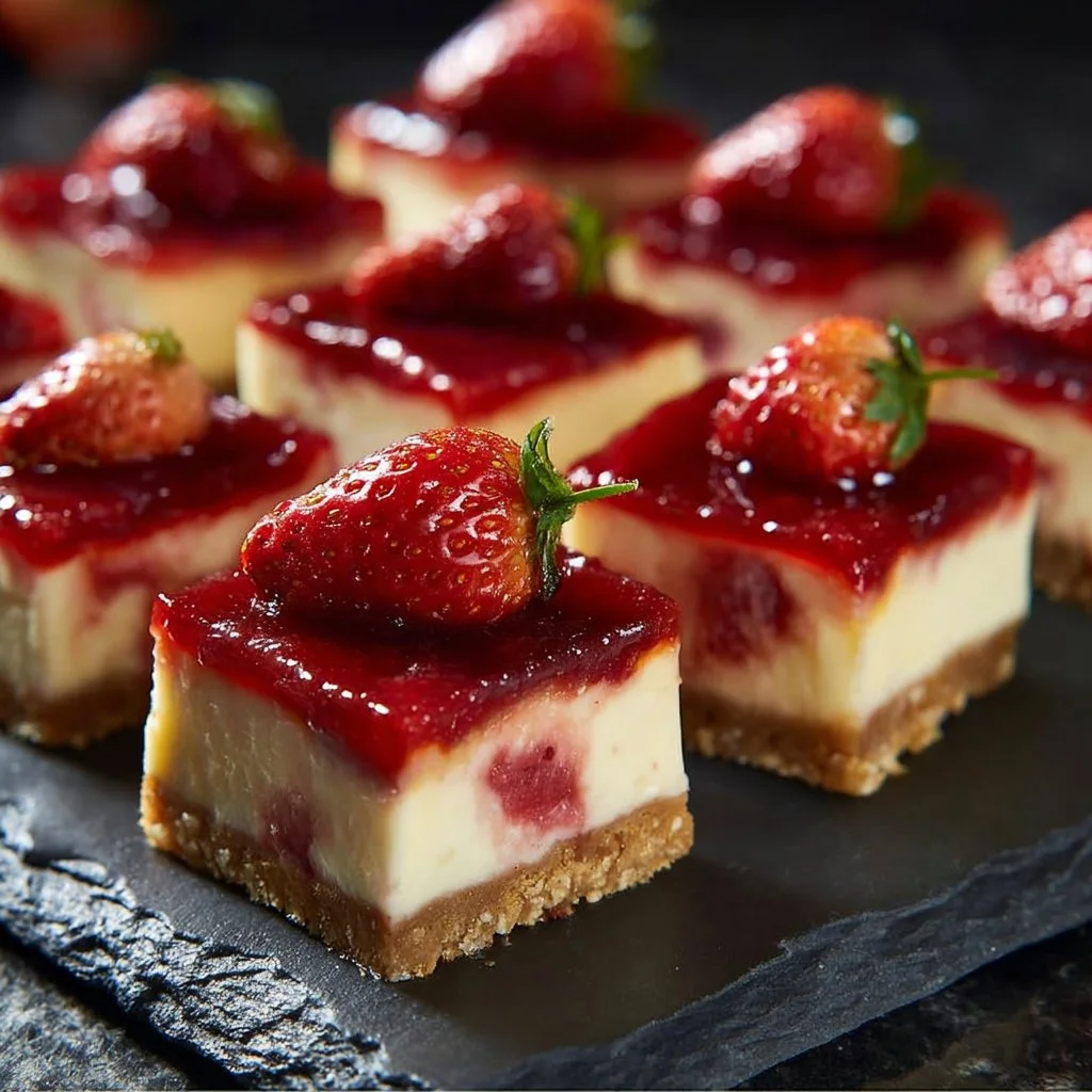 Delicious Strawberry Cheesecake Bars topped with fresh strawberries