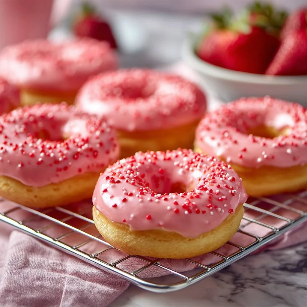 Fresh strawberry donuts topped with pink glaze and sprinkles