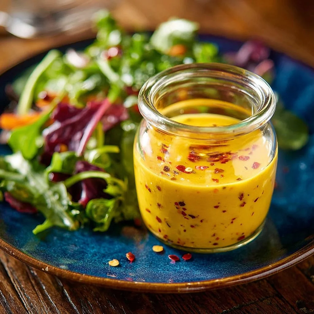 Sweet and spicy mango salad dressing in a glass jar with fresh ingredients.