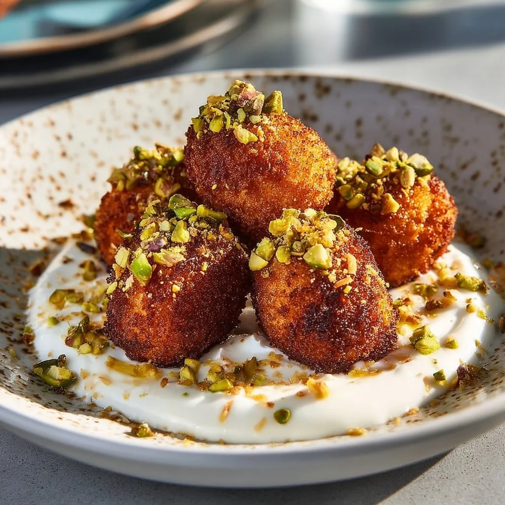 Sweet Potato Croquettes with Burrata Dip & Pistachio Crunch 14 Sweet potato croquettes with burrata dip and pistachio crunch on a plate