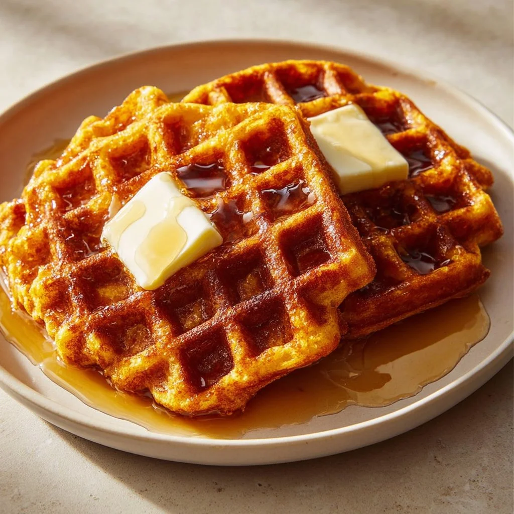 Delicious homemade sweet potato waffles served with syrup and berries