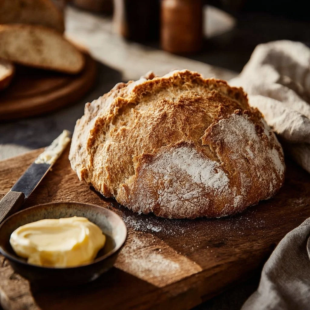 Freshly baked Traditional Irish Soda Bread on a rustic wooden table.