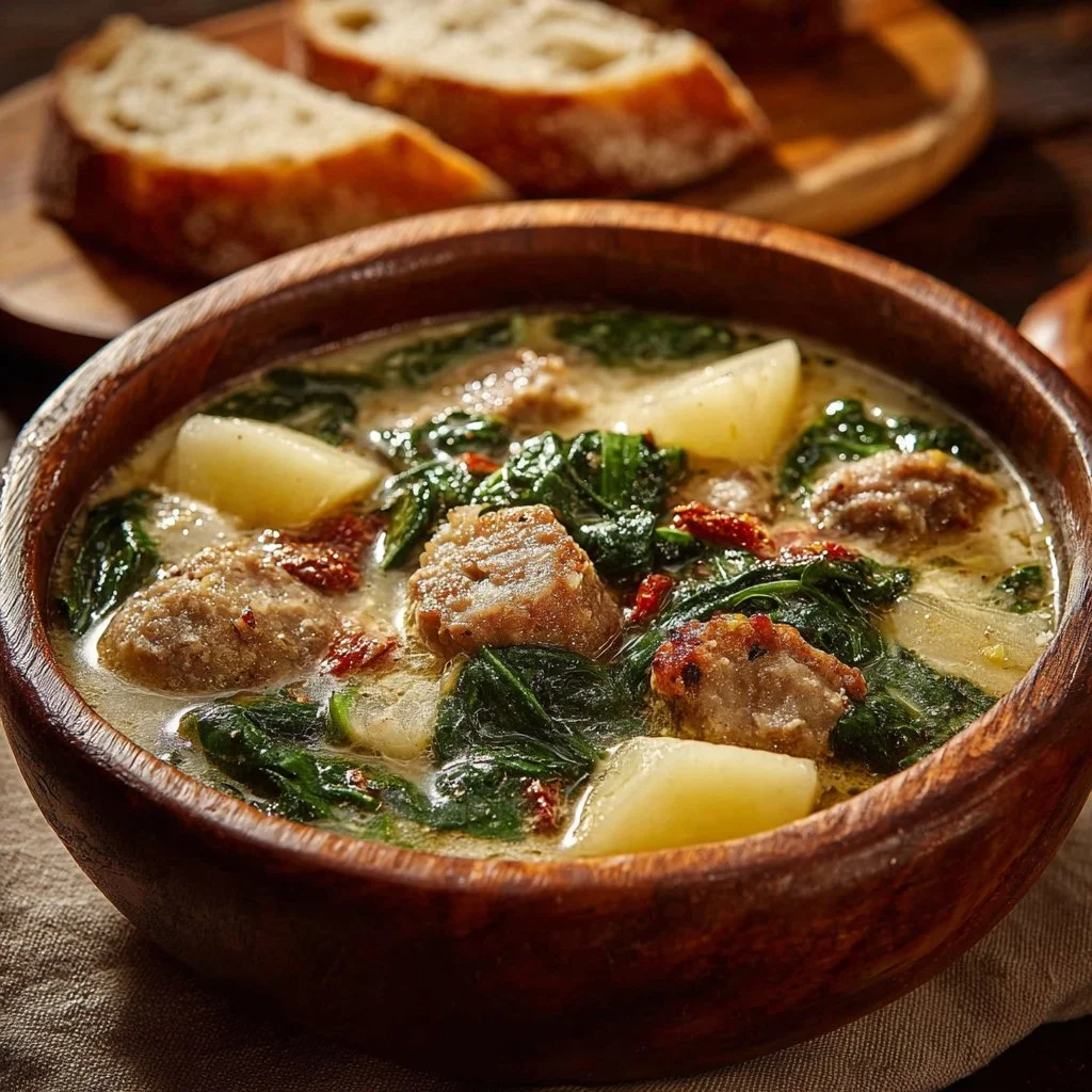 Bowl of Tuscan Sausage and Potato Soup with fresh herbs