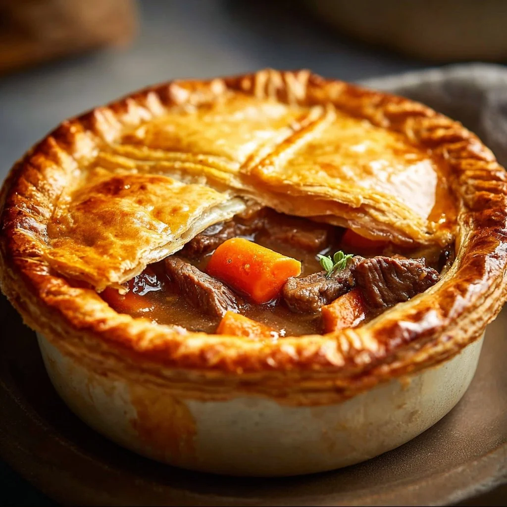 Delicious homemade beef pot pie served with golden flaky crust