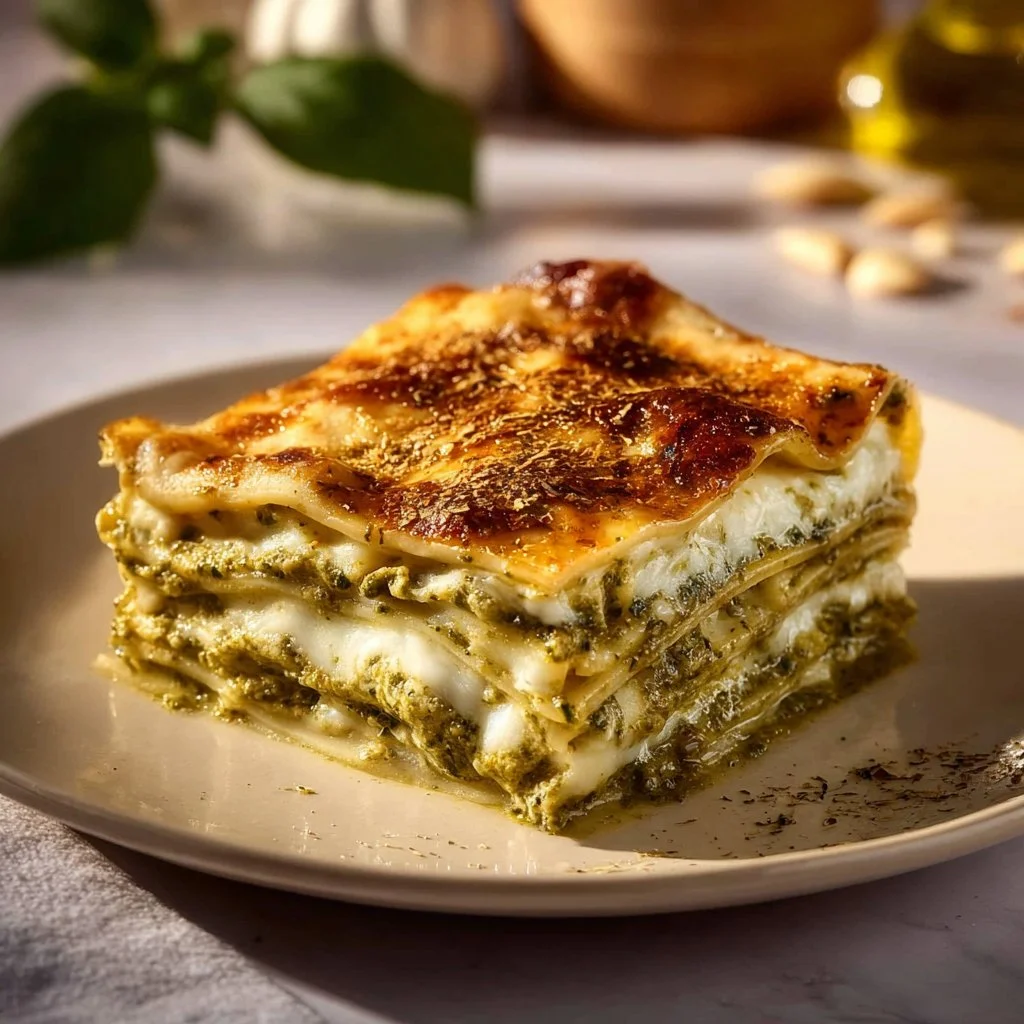 Ultimate pesto lasagna with layers of cheese and fresh basil