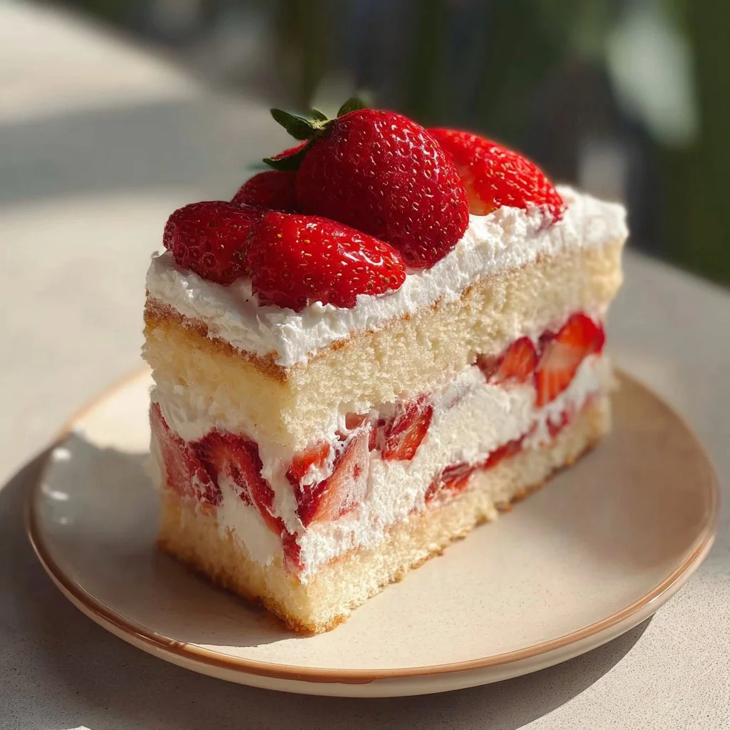 Delicious strawberry shortcake cake topped with fresh strawberries and cream