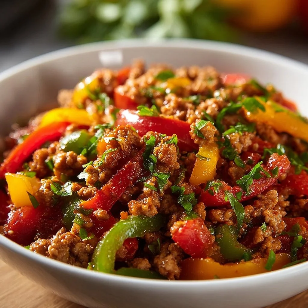 Wholesome skillet meal featuring ground turkey and colorful bell peppers.