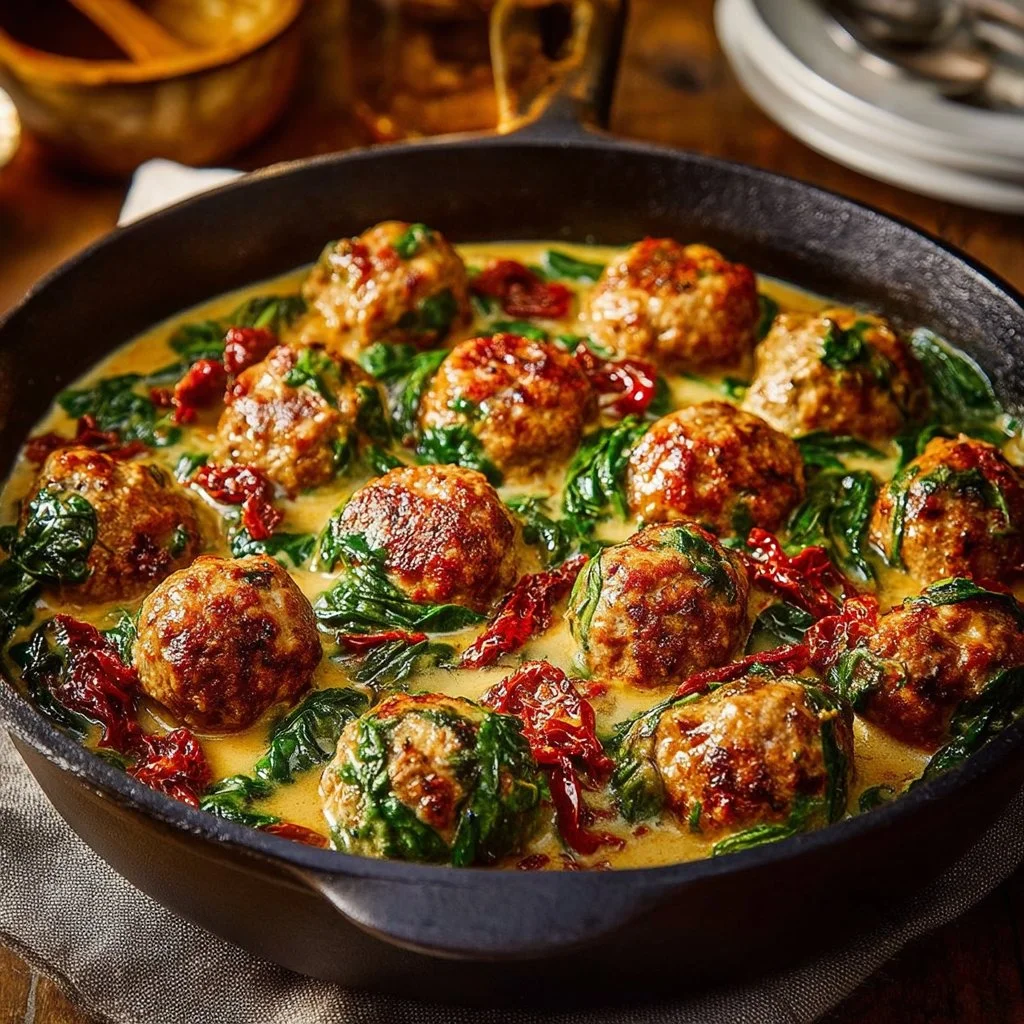 Delicious turkey meatballs in creamy spinach sauce served on a plate